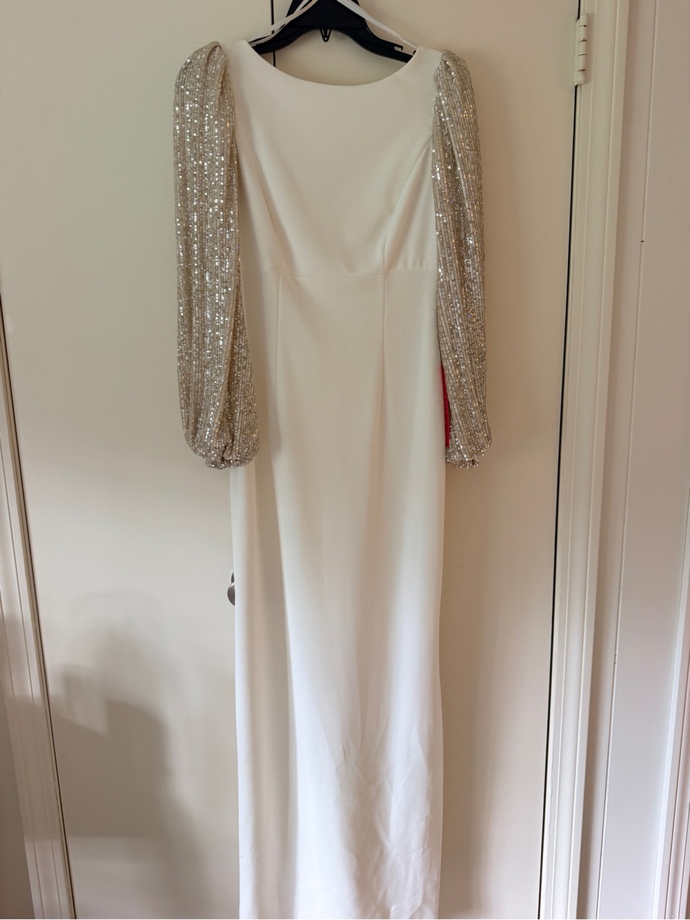 Eliza J White Maxi Dress with Sequin Gold Puff Sleeves